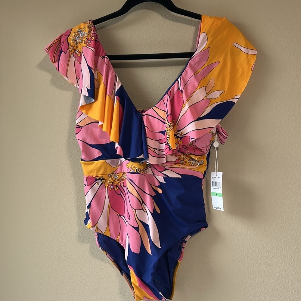 Trina Turk  One Piece Swimsuit sz 8 Breeze Ruffle V-Neck Plunge Tropical NEW - Picture 4 of 9